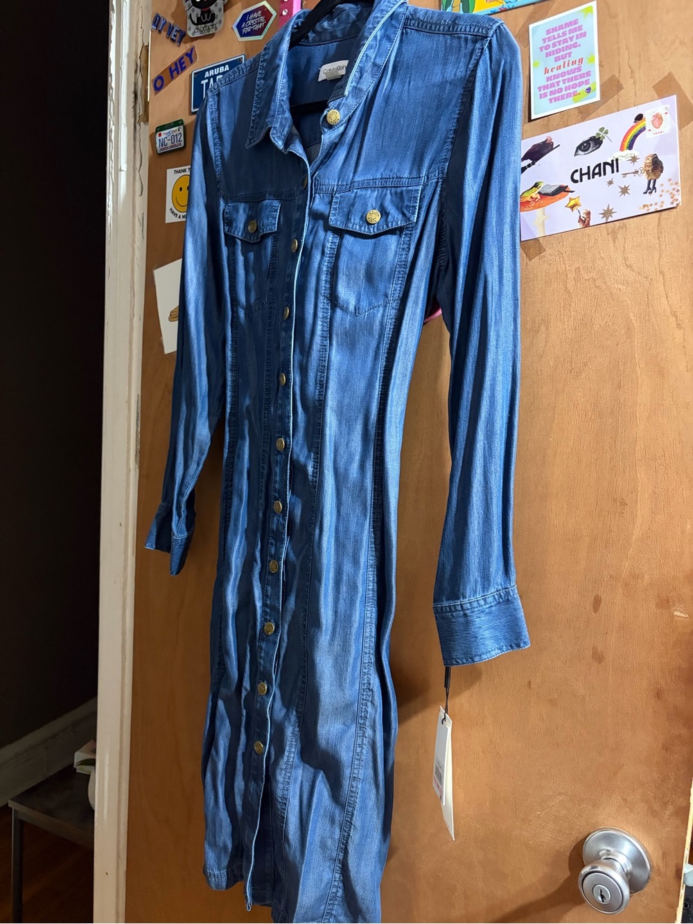 Calvin Klein  chambray Button-Front Denim Shirt Dress in Medium Blue wash